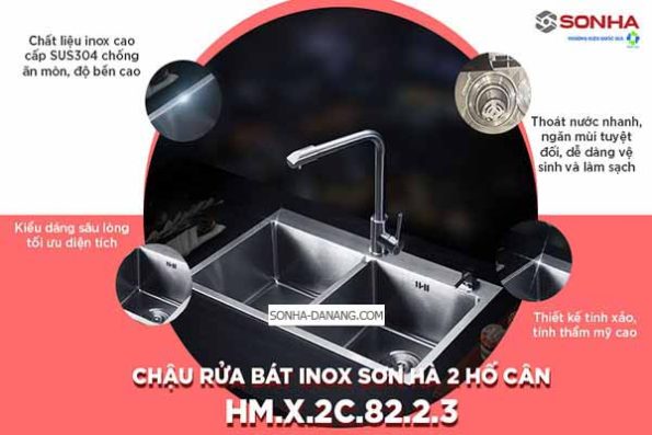 Chậu inox Sơn Hà 2 hộc vuông cân (HM.X.2C.82.2.3) 50