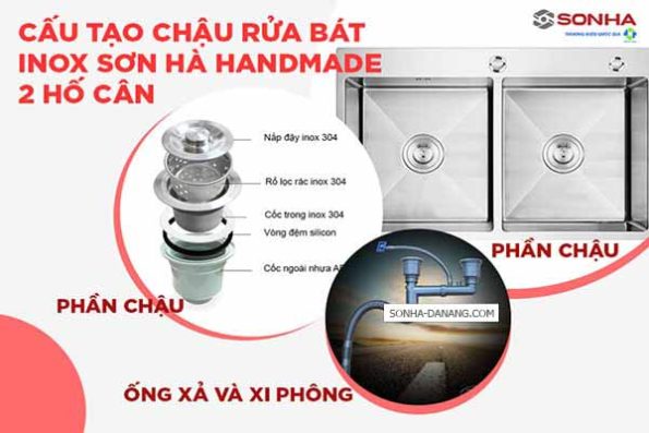 Chậu inox Sơn Hà 2 hộc vuông cân (HM.X.2C.82.2.3) 54
