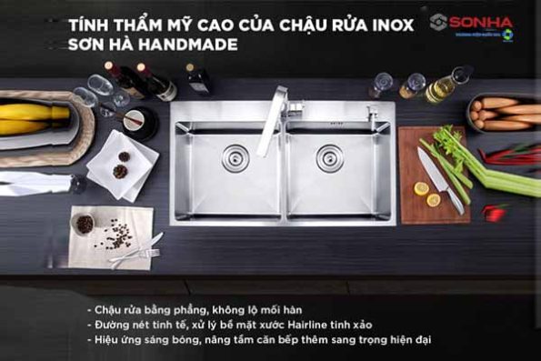Chậu inox Sơn Hà 2 hộc vuông cân (HM.X.2C.82.2.3) 64